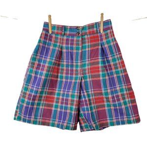 Vintage Mom Shorts Size 10/12 casual Plaid Womens High Waist Tartan Stretch Blue